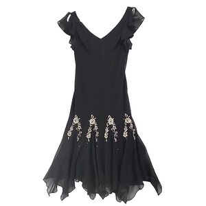 Expo Vintage Womens Sz 8 Black‎ Split Sleeve Floral Beaded Midi Dress Fairy Y2K